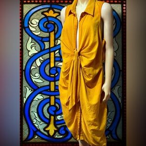 Fashion Nova 2XL Mustard Front Knot Drape Midi Dress – Collared Sleeveless Chic